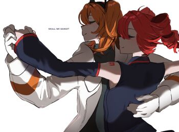 Rule 34 | 2girls, a.i. voice, adachi rei, closed eyes, commentary, dancing, detached sleeves, drill hair, english text, gloves, hand on another's back, holding hands, jacket, kasane teto, kasane teto (utau), long sleeves, medium hair, multiple girls, nomukareiudon15, one side up, orange hair, profile, red hair, shirt, sleeveless, sleeveless shirt, smile, symbol-only commentary, twin drills, upper body, utau