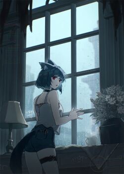 1girl animal_ear_fluff animal_ear_piercing animal_ears bird black_shorts blue_hair book cat_ears cat_girl cat_tail commentary_request cowboy_shot cup desk flower indoors lamp looking_at_viewer looking_back mug open_book open_mouth original rain red_eyes shiromine_kana shirt shorts signature solo spaghetti_strap tail thigh_strap vase watermark white_flower white_shirt window