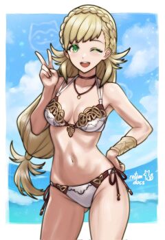 1girl ;d artist_name bikini blonde_hair bracelet braid breasts commentary crown_braid english_commentary fire_emblem fire_emblem_cipher fire_emblem_heroes gluteal_fold green_eyes hand_on_own_hip highres jewelry long_hair looking_at_viewer low-tied_long_hair medium_breasts navel nintendo ocean official_alternate_costume one_eye_closed open_mouth outdoors rotomdocs sharena_(fire_emblem) smile solo swimsuit teeth upper_teeth_only v very_long_hair white_bikini