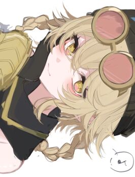 1girl absurdres bare_shoulders beanie blonde_hair braid commentary_request crossed_bangs eyewear_on_head genshin_impact gloves goggles goggles_on_head hair_between_eyes hand_on_own_cheek hand_on_own_chin hand_on_own_face hat head_rest highres jahoda_(genshin_impact) looking_at_viewer magnet_8_8 musical_note pink-tinted_eyewear portrait side_braids sideways smile solo spoken_musical_note star-shaped_pupils star_(symbol) symbol-shaped_pupils tinted_eyewear yellow_eyes