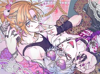 2boys alternate_costume alternate_hairstyle animal_print arm_warmers black_arm_warmers black_bow black_tank_top blonde_hair blue_eyes bow bracelet braid chain chain_bracelet chain_necklace commentary cross_hair_ornament decoden ear_piercing eunho_(plave) eyewear_on_head from_above fur-trimmed_jacket fur_trim gyaruo hair_ornament hairclip half_updo heart heart-shaped_eyewear holding holding_phone jacket jewelry k-pop korean_commentary leopard_print leopard_print_clothes male_focus medium_hair mole mole_under_eye multicolored_nails multiple_boys necklace noah_(plave) open_clothes open_jacket open_mouth parted_bangs parted_lips phone piercing pink_scrunchie plave polka_dot_necktie purple-tinted_eyewear red_eyes rjduf666 scrunchie shirt star_(symbol) star_hair_ornament sticker sticker_on_face tank_top teeth tinted_eyewear tongue tongue_out tongue_piercing v white_hair