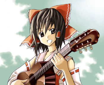 1girl acoustic_guitar black_hair bow detached_sleeves female_focus guitar hair_bow hakurei_reimu imperishable_night instrument open_mouth smile solo suina touhou