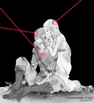 1boy 1girl armlet bare_shoulders black_background bleeding blood blood_on_clothes blood_on_face blue_tunic broken_arm champion's_tunic_(zelda) closed_eyes dirty french_kiss hand_on_another's_head hetero highres holding holding_sword holding_weapon imminent_death injury jewelry kiss kneeling laser laser_sight link master_sword nintendo pointy_ears princess_zelda sitting sword tears teraichigo the_legend_of_zelda the_legend_of_zelda:_breath_of_the_wild tunic weapon