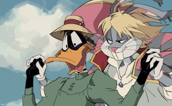 2boys bird blue_sky buck_teeth bugs_bunny cloud cloudy_sky cosplay crossdressing crossdressing_(mtf) crossover daffy_duck duck duck_boy furry furry_male highres holding_hands howl&#039;s_moving_castle_(novel) howl_no_ugoku_shiro howl_pendragon howl_pendragon_(cosplay) looney_tunes lumise05 multiple_boys rabbit sky sophie_hatter_(howl_no_ugoku_shiro) studio_ghibli teeth whiskers