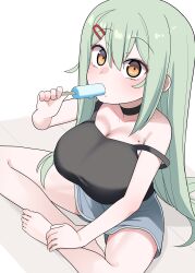 Rule 34 | 1girl, absurdres, akitokage, barefoot, black choker, black tank top, breasts, brown eyes, choker, cleavage, food, food in mouth, green hair, grey shorts, hair between eyes, hair ornament, hairclip, highres, holding, holding food, holding popsicle, large breasts, long hair, mole, mole on breast, mole under mouth, on floor, popsicle, popsicle in mouth, shorts, sitting, solo, sorako mozu, strap slip, tank top, wooden floor, yomega kiss