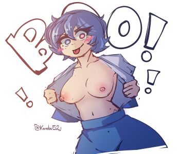 ! &gt;:p 1girl blue_eyes blue_hair blue_shirt blue_skirt blush_stickers breasts closed_mouth commentary cowboy_shot english_commentary english_text flashing heterochromia karebu52 looking_at_viewer medium_breasts midriff navel open_clothes red_eyes shirt short_hair simple_background skirt smile solo tatara_kogasa text_background tongue tongue_out touhou twitter_username white_background