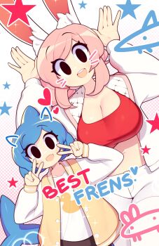 2girls :d animal_ear_fluff animal_ears black_eyes blue_hair breasts cleavage commentary crop_top dorsal_fin double_v drawn_ears drawn_whiskers english_commentary english_text eyes_visible_through_hair fang fins fish_tail fiz_(fizintine) fizintine flat_chest hair_bun hands_up highres jacket large_breasts leaning_to_the_side long_sleeves looking_at_viewer midriff multiple_girls navel no_pupils open_clothes open_jacket open_mouth open_vest original pants pink_hair purikura rabbit_ears rabbit_girl rabbit_pose shark_girl shark_tail shirt short_hair simple_background single_side_bun skin_fang smile star_(symbol) tail teeth tori_(fizintine) upper_teeth_only v vest white_jacket white_pants white_shirt yellow_vest