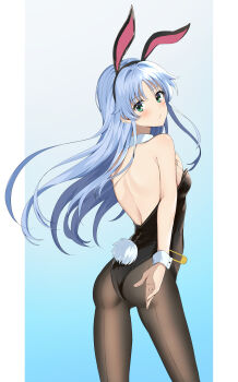 1girl :/ absurdres alternate_costume animal_ear_hairband animal_ears ass black_leotard blue_background border breasts ci31205 commentary_request detached_collar fake_animal_ears fake_tail from_behind green_eyes grey_hair hairband highleg highleg_leotard highres index_(toaru_majutsu_no_index) leotard light_blush long_hair looking_at_viewer looking_back pantyhose playboy_bunny rabbit_ear_hairband rabbit_ears rabbit_tail small_breasts solo strapless strapless_leotard tail toaru_majutsu_no_index white_border white_wrist_cuffs wrist_cuffs