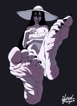 1girl absurdres barefoot black_hair black_sclera breasts cleavage colored_sclera feet grin hasshaku-sama highres large_hat lewdsaiga long_hair looking_at_viewer pale_skin smile soles toes white_eyes