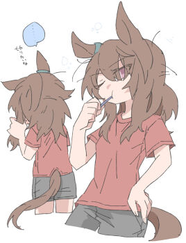Rule 34 | ..., 1girl, animal ears, beer hsk, brown hair, brushing teeth, commentary request, grey shorts, hair between eyes, hand on own hip, holding, holding toothbrush, horse ears, horse girl, horse tail, long hair, nakayama festa (umamusume), purple eyes, red shirt, shirt, short sleeves, shorts, simple background, solo, spoken ellipsis, tail, toothbrush, translation request, umamusume, white background
