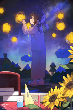 1girl absurdres brown_eyes brown_hair child commentary_request dated eraser flower full_body hair_bobbles hair_ornament highres holding holding_paintbrush kaai_yuki long_sleeves low_twintails medium_hair paint_splatter paint_splatter_on_face paintbrush painting_(action) pajamas pencil purple_pajamas purple_slippers ruler slippers solo standing sunflower tsukibara twintails vocaloid yellow_flower