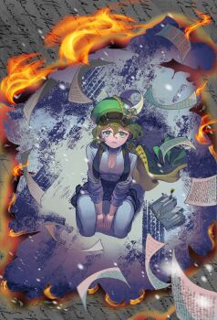 1girl absurdres between_legs black_boots black_shorts black_vest boots breasts brown_hair burning cape cleavage fire flying_paper from_above full_body furrowed_brow green_cape green_eyes green_hat hand_between_legs hat hat_feather highres looking_at_viewer newsboy_cap notebook open_clothes open_vest panties paper parted_lips recoleta_(reverse:1999) reverse:1999 shirt short_hair shorts side_cape sitting solo syun_(ashenaurora) underwear vest wariza white_panties white_shirt