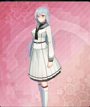 1girl ayanokouji_martial_arts_school_uniform belt black_belt black_neckerchief blue_hair boots braid breasts closed_mouth floral_background game_cg glasses grey_sailor_collar half_up_braid kitora_mirja large_breasts long_hair long_sleeves looking_at_viewer neckerchief official_art pink_background purple-framed_eyewear red_thighhighs sailor_collar school_uniform serafuku shirt skirt solo thigh_boots thighhighs third-party_source toji_no_miko toji_no_miko:_kizamishi_issen_no_tomoshibi variant_set white_boots white_serafuku white_shirt white_skirt yellow_eyes zettai_ryouiki