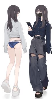 1girl ama_mitsuki ass bag belt black_belt black_hair black_jacket black_mask black_sandals blue_panties cellphone collared_shirt from_behind full_body grey_pants highres holding holding_phone jacket knee_cutout long_hair long_sleeves mask mouth_mask multiple_views no_pants original panties pants phone sandals shirt shoulder_bag smartphone standing surgical_mask thighs track_jacket underwear white_sandals white_shirt