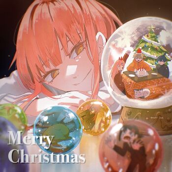 Rule 34 | 3girls, angel devil (chainsaw man), angel wings, black hair, black jacket, black pants, black sweater, brown hair, cake, cat, chainsaw man, christmas tree, closed mouth, demon girl, demon horns, denji (chainsaw man), food, hair ornament, hairclip, hat, hayakawa aki, higashiyama kobeni, highres, hood, hoodie, horns, ice morinaka, jacket, kotatsu, long hair, makima (chainsaw man), meowy (chainsaw man), merry christmas, multiple girls, orange eyes, orange hoodie, pants, pink hair, pochita (chainsaw man), power (chainsaw man), red horns, red sweater, ringed eyes, santa hat, shirt, smile, snowball, sweater, table, topknot, white shirt, wings