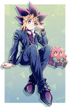 Rule 34 | 1boy, absurdres, belt collar, black collar, blonde hair, blue jacket, blue pants, border, bracelet, brown fur, chain, chain necklace, chirichiri ygo, claws, closed mouth, collar, commentary request, creature, crossed ankles, duel monster, gradient background, highres, invisible chair, jacket, jewelry, long sleeves, looking to the side, male focus, multicolored hair, muto yugi, necklace, open clothes, open jacket, pants, popped collar, purple eyes, purple hair, purple shoes, shoes, sideways glance, sitting, smile, spiked hair, white border, yu-gi-oh!, yu-gi-oh! duel monsters