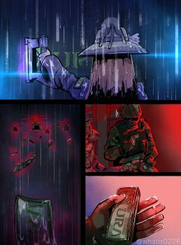 1boy 1girl absurdres aircraft akikawa_yayoi_(umamusume) animal animal_on_head brown_hair camouflage camouflage_helmet cat cat_on_head commentary hat helicopter helmet highres jacket long_hair long_sleeves metal_gear_(series) metal_gear_solid_v:_ground_zeroes metal_gear_solid_v:_the_phantom_pain on_head parody purple_jacket rain soldier symbol-only_commentary umamusume what_is_(pix30d) white_hat