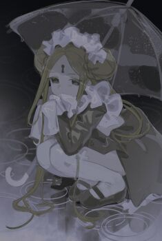 1girl abigail_williams_(fate) absurdres alternate_costume blonde_hair braid bun_with_braided_base double_bun enmaided fate/grand_order fate_(series) forehead full_body grey_eyes hair_bun half-closed_eyes hands_up highres holding holding_umbrella keyhole long_hair looking_at_viewer maid maid_headdress mary_janes muted_color nemo_(leafnight) parted_bangs rain revision ripples shoes sleeves_past_fingers sleeves_past_wrists solo squatting thighhighs transparent transparent_umbrella umbrella wet_ground white_thighhighs
