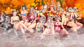 6+girls anger_vein animal_ears ass azazel_(helltaker) beelzebub_(helltaker) bikini bikini_tan black_hair blue_eyes blush brand_name_imitation breasts cerberus_(helltaker) champagne_flute cigarette cleavage cleft_of_venus closed_mouth collarbone colored_skin commentary covered_erect_nipples crossed_legs cup dark-skinned_female dark_skin demon_girl demon_horns dog_ears dog_girl drinking_glass english_commentary eyeshadow female_focus full_body glasses grey_eyes grey_hair grey_skin halloween handheld_game_console harem heart heart-shaped_pupils helltaker high_ponytail highres horns id_card jack-o'-lantern jewelry judgement_(helltaker) justice_(helltaker) kneeling large_breasts lips long_hair looking_at_another lucifer_(helltaker) lucknight makeup malina_(helltaker) medium_breasts modeus_(helltaker) multiple_girls navel nipples nose_blush onsen open_mouth pandemonica_(helltaker) partially_submerged pendant ponytail pumpkin pussy red_eyes see-through_clothes shiny_skin short_hair sitting slingshot_swimsuit small_breasts smile smoke smoking spread_legs stomach swimsuit sword symbol-shaped_pupils tan tanline tattoo torii triplets unworn_eyewear water weapon white_hair zdrada_(helltaker)