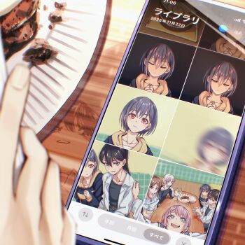 5girls absurdres bang_dream! bang_dream!_it&#039;s_mygo!!!!! birthday_cake black_hair black_shirt blue_eyes blurry brown_eyes brown_hair cake cellphone chihaya_anon commentary depth_of_field doki_(oox3o) food grey_eyes grey_hair hair_between_eyes hand_on_another&#039;s_shoulder hashtag-only_commentary heterochromia highres hood hood_down interlocked_fingers jacket kaname_raana layered_sleeves long_hair long_sleeves mole mole_under_eye motion_blur multiple_girls mygo!!!!!_(bang_dream!) nagasaki_soyo object_focus open_mouth phone plate purple_eyes selfie shiina_taki shirt short_hair short_over_long_sleeves short_sleeves sidelocks sleeves_past_wrists smartphone table takamatsu_tomori v white_jacket white_shirt yellow_eyes