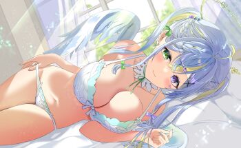 Rule 34 | 1girl, ahoge, angel, bed, blue bra, blue eyes, bra, breasts, commentary request, curtains, detached collar, earrings, feathered wings, green eyes, hair ornament, hair ribbon, halo, heterochromia, highres, jewelry, large breasts, lying, navel, on side, original, panties, pink nails, ribbon, roughllaugh, smile, sunlight, underwear, window, wings