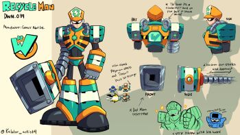 Rule 34 | 2025, 3boys, arm cannon, capcom, character name, clenched hand, commentary, dust man, english commentary, english text, full body, grey background, hat, highres, joints, kalator artist4, logo, male focus, mask, mega man: dual override, mega man (character), mega man (classic), mega man (series), mega man 4, mega man robot master design contest, mouth mask, multiple boys, original, pointing out the details, reference sheet, robot, robot joints, silhouette, standing, weapon, yellow hat, zoom layer