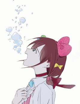 Rule 34 | 1girl, air bubble, bow, brown hair, bubble, center frills, choker, commentary, frills, girls band cry, grcr pometa1118, hair bow, hair ornament, hairclip, highres, iseri nina, koe naki sakana, low twintails, open mouth, pink bow, red choker, shirt, short hair, short twintails, simple background, solo, twintails, white background, white shirt