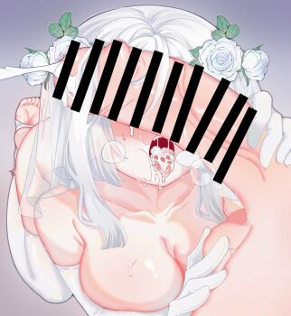 1boy 1girl after_fellatio bai_(bai2306628053) bar_censor blue_background breasts bridal_veil censored collarbone completely_nude cum cum_in_mouth cumdrip detached_sleeves dikke_(reverse:1999) drooling ejaculation feet flower gloves hair_flower hair_ornament hairjob handjob hetero highres large_breasts long_hair nude oral penis_on_face penis_over_eyes reverse:1999 saliva shiny_skin sidelocks simple_background sitting soles sweat testicles thighhighs toes tongue tongue_out veil white_background white_flower white_gloves white_hair white_sleeves white_thighhighs