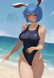 Rule 34 | 1girl, absurdres, aged up, beach, blue one-piece swimsuit, blue sky, bob cut, breasts, competition swimsuit, highres, looking at viewer, moriforest1040, ocean, one-piece swimsuit, reisen (touhou bougetsushou), short hair, sideboob, sky, solo, swimsuit, thighs, touhou, wet, wet clothes, wet swimsuit