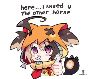 Rule 34 | 1girl, absurdres, ahoge, artist logo, artist name, blush stickers, brown hair, chess piece, commentary, cropped shoulders, deformed, eating, english commentary, english text, gigi murin, gigi murin (1st costume), hair through hood, here i saved u the red one (meme), highres, holding, holding chess piece, hololive, hololive english, hood, hood up, hoodie, huge ahoge, knight (chess), logo, looking at viewer, mat (matdesenheiro), meme, multicolored hair, orange hood, orange hoodie, orange shrug, outstretched hand, pink eyes, sharp teeth, short hair, shrug (clothing), solo, tail, teeth, twintails, twitter username, two-tone hair, virtual youtuber, white background