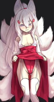 1girl :3 absurdres animal_ear_fluff animal_ears black_background blush breasts breasts_apart chihaya_(clothing) clothes_lift clothing_cutout colored_eyelashes detached_sleeves diamond_cutout feet_out_of_frame fox_ears fox_girl fox_tail fundoshi garter_straps gluteal_fold hair_between_eyes hair_ornament hakama hakama_skirt highres japanese_clothes kimono kitsune kosode kyuubi lifting_own_clothes long_hair long_sleeves miko multiple_tails official_alternate_costume official_alternate_hairstyle parted_lips phase_connect pigeon-toed ponytail purple_eyes raised_inner_eyebrows red_fundoshi red_hakama red_skirt sash seori091 shirt sidelocks skirt skirt_lift small_breasts smile solo standing tail tenma_maemi tenma_maemi_(shrine_maiden) thighhighs very_long_hair virtual_youtuber white_eyelashes white_hair white_kosode white_shirt white_thighhighs