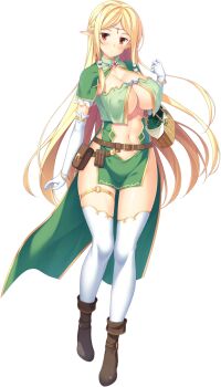 Rule 34 | 1girl, bag, basket, blonde hair, boot straps, boots, breasts, cleavage, ehlitte, elf, fantasy, game cg, green eyes, jewelry, large breasts, midriff peek, pointy ears, satchel, sex open world e youkoso!, thighhighs, underboob