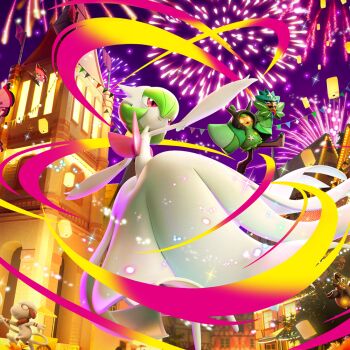 colored_skin dress fireworks gardevoir gen_2_pokemon gen_3_pokemon gen_6_pokemon green_hair mega_gardevoir mega_pokemon night nintendo official_art ogerpon ogerpon_(teal_mask) pink_eyes pokemon pokemon_(creature) pokemon_tcg pokemon_tcg_pocket pumpkaboo smeargle smile third-party_source vivillon white_dress white_skin