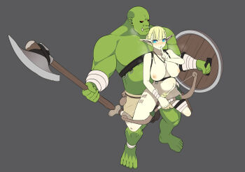1boy 1girl axe belly_riding blush bow_(weapon) breasts censored colored_skin elf fanny_packing finger_to_mouth green_skin grey_background harness heavy heavy_breathing hetero highres holding holding_bow_(weapon) holding_weapon jewelry meat_armor mosaic_censoring navel necklace nipples nude nudist orc original penis pointy_ears pubic_hair public_indecency pussy sex shield simple_background spread_legs stomach_bulge tally tooth_necklace ukavonnak weapon