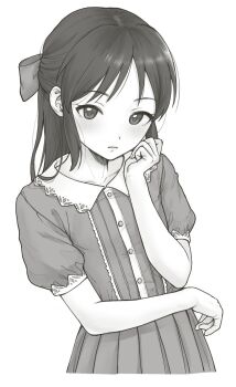 1girl arm_up blank_stare bow hair_bow hair_ornament highres idolmaster idolmaster_cinderella_girls imaninjaguy monochrome tachibana_arisu