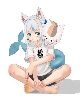 Rule 34 | 1girl, absurdres, alternate costume, animal, animal ears, animal on shoulder, blue eyes, blue hair, blue nails, cat, cat ears, cat on shoulder, chewing, closed mouth, commentary request, criss-cross halter, dai roku ten mao, eating, fins, fish tail, food, full body, gawr gura, hair ornament, halterneck, highres, holding, holding food, hololive, hololive english, looking at animal, looking at food, natsume yuujinchou, nyanko-sensei, puffy cheeks, shark girl, shark hair ornament, shark tail, shirt, shorts, shrimp, shrimp tempura, simple background, tail, tempura, virtual youtuber, white background, white shirt