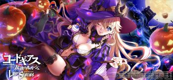 1girl blonde_hair breasts cat center_opening cleavage code_geass code_geass:_boukoku_no_akito code_geass:_lost_stories earrings halloween hat highres jack-o'-lantern jewelry large_breasts leila_malcal long_hair looking_at_viewer nail_polish navel official_art one_eye_closed purple_eyes smile solo witch_hat