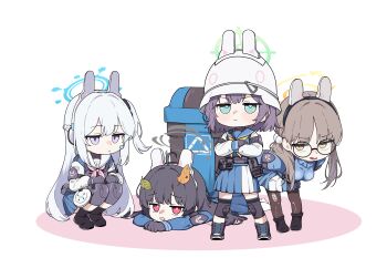 4girls 686panda absurdres ahoge black-framed_eyewear black_boots black_bow black_gloves black_hair blue_archive blue_sailor_collar blue_serafuku blue_shirt blue_skirt blue_sweater blush boots bow braid breasts brown_eyes brown_hair brown_pantyhose chibi closed_mouth colored_shadow commentary_request crossed_arms glasses gloves green_eyes grey_gloves grey_hair hair_bow halo headgear headset helmet highres knee_pads lace-up_boots large_breasts leaf leaf_on_head leaning_forward long_hair long_sleeves looking_at_viewer low_twintails lying miyako_(blue_archive) miyu_(blue_archive) moe_(blue_archive) multiple_girls neckerchief no_shoes on_stomach one_side_up open_mouth pantyhose pink_neckerchief pleated_skirt puffy_long_sleeves puffy_sleeves purple_eyes purple_hair rabbit_platoon_(blue_archive) recycle_bin red_eyes round_eyewear sailor_collar saki_(blue_archive) school_uniform serafuku shadow shirt simple_background skirt smile squatting standing sweater torn_clothes torn_pantyhose trash_can turtleneck turtleneck_sweater twintails v-shaped_eyebrows very_long_hair white_background white_helmet white_pantyhose white_sailor_collar yellow_neckerchief