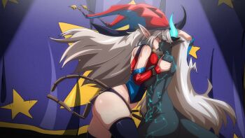 Rule 34 | 2girls, assertive female, asymmetrical docking, axl crow, baal (demonherd), black panties, blue shirt, blue skin, breast press, breasts, clothed female nude female, colored skin, commentary, completely nude, demon girl, demon horns, demon tail, demonherd, english commentary, from side, hat, highres, horns, jester cap, kiss, large breasts, long hair, magikania (demonherd), multiple girls, nude, panties, pointy ears, red hat, red shirt, shirt, spotlight, tail, two-tone shirt, underwear, white hair, yuri