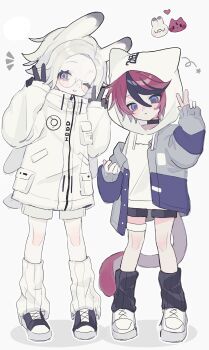 Rule 34 | 2boys, animal ears, animalization, aotsuki eito, arms up, black hair, black leg warmers, blue eyes, blush, breast pocket, cat boy, cat ears, cat tail, closed mouth, coat, commentary request, doodle inset, dot nose, double-parted bangs, double v, drawstring, eyelashes, full body, glasses, hair between eyes, heart, highres, hood, hood up, hoodie, leg warmers, long sleeves, looking at viewer, looking to the side, male focus, multicolored hair, multiple boys, notice lines, parted hair, person and animalization, pocket, rabbit boy, rabbit ears, rabbit tail, red hair, round eyewear, shoes, shorts, sideways glance, sleeves past wrists, smile, standing, star (symbol), streaked hair, sumino takumi, tail, the hundred line -last defense academy-, uu 22233, v, white background, white coat, white hair, white hoodie, white leg warmers, white shoes