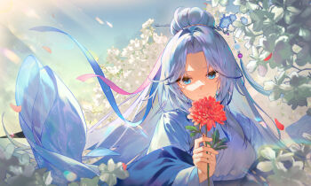 1girl blue_eyes blue_ribbon breasts check_copyright closed_mouth commentary_request copyright_request flower hair_ornament hair_stick highres holding holding_flower korean_commentary long_hair looking_at_viewer medium_breasts original outdoors parted_bangs petals red_petals ribbon shotgunman smile solo upper_body wind
