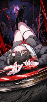 1girl absurdres arms_up black_cat black_hair black_jacket black_serafuku black_shirt black_skirt breasts cat chisa_(wuthering_waves) closed_mouth commentary hair_ribbon highres jacket kiyokatsu_(kyktsu0908) knees_up long_hair looking_at_viewer lying medium_breasts mole mole_under_eye nail_polish neckerchief on_back red_eyes red_nails red_neckerchief red_ribbon ribbon sailor_collar school_uniform serafuku shirt skirt solo sword thigh_strap thighs weapon white_sailor_collar wuthering_waves
