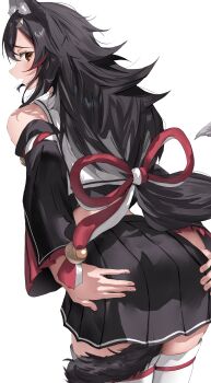 Rule 34 | 1girl, absurdres, animal ears, ass, black hair, black shirt, black skirt, black sleeves, blush, commentary request, detached sleeves, grabbing own ass, hair ornament, hairpin, highres, hololive, long hair, looking at viewer, multicolored hair, nekoshima kaede, ookami mio, ookami mio (1st costume), open mouth, red streaks, shirt, skirt, solo, streaked hair, tail, thighhighs, virtual youtuber, white thighhighs, wolf ears, wolf girl, wolf tail, yellow eyes