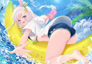 Rule 34 | 1girl, :d, airani iofifteen, ass, banana boat, barefoot, bikini, bikini top only, bikini under clothes, black bikini, blue hair, blue shorts, blue sky, bow hairband, braid, braided ponytail, breasts, cloud, commentary, day, denim, denim shorts, feet, gradient hair, green hairband, hairband, hololive, hololive indonesia, hood, hooded jacket, jacket, large breasts, long hair, looking at viewer, low ponytail, multicolored hair, ocean, open mouth, outdoors, outstretched arm, palette hair ornament, pink hair, pink hairband, ponytail, purple eyes, short-sleeved jacket, short shorts, short sleeves, shorts, sky, smile, soles, solo, swept bangs, swimsuit, symbol-only commentary, toes, two-tone hairband, virtual youtuber, water, white jacket, yano mitsuki (nanairo)