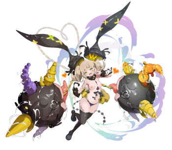1girl animal_ears arm_tattoo arms_at_sides between_breasts black_nails black_pantyhose black_shoes blonde_hair blunt_bangs blush blush_stickers breasts breasts_apart commentary_request contrapposto crown detached_ears drill_hair fur_collar green_eyes highres leg_tattoo medium_breasts mesugaki monster_girl nail_polish narrow_waist nipples open_mouth original pantyhose petite pilokey rabbit_ears shoes smile smug solo tattoo thighs tongue tongue_out topless_female twin_drills twintails underwear underwear_only v_over_face wide_hips wrist_cuffs