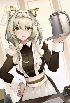 1girl alternate_costume animal_ear_fluff animal_ears apron arknights asc11 bad_id bad_pixiv_id black_dress breasts cat_ears coffee_pot cowboy_shot desk dress enmaided green_eyes green_hair hand_on_own_hip highres holding holding_tray indoors kal'tsit_(arknights) kal'tsit_(maid)_(arknights) long_sleeves looking_at_viewer maid maid_headdress medium_breasts open_mouth rhodes_island_logo_(arknights) short_hair_with_long_locks sidelocks solo tray v-shaped_eyebrows white_apron