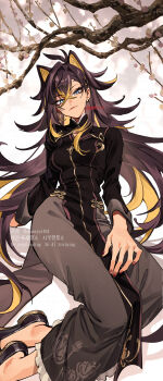 1girl antenna_hair artist_name black_dress black_shoes blonde_hair blue_eyes braid branch breasts brown_hair brown_skirt china_dress chinese_clothes closed_mouth commentary_request crossed_bangs dark-skinned_female dark_skin dated dehya_(genshin_impact) dress earrings eyelashes eyeshadow fingernails flats frilled_skirt frills genshin_impact gold_earrings hair_between_eyes hair_ears hair_intakes highres jewelry long_hair long_sleeves looking_at_viewer makeup mandarin_collar medium_breasts multicolored_hair nail_polish ojo_aa parted_bangs pelvic_curtain red_nails shoes signature single_braid sitting sitting_on_branch skirt skirt_under_dress smile solo streaked_hair twitter_username very_long_hair watermark white_background