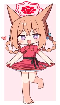 1girl :d absurdres animal_ears bare_legs barefoot blue_archive blush border braid braided_hair_rings bright_pupils commentary_request crossed_bangs double-parted_bangs dress fang fox_ears fox_girl frilled_dress frills full_body hair_between_eyes hair_rings halo hana_kazari heart highres looking_at_viewer medium_hair open_mouth orange_hair outside_border pink_background purple_eyes red_dress red_halo rumi_(blue_archive) rumi_(small)_(blue_archive) short_sleeves simple_background skin_fang smile solo standing sweat white_border white_pupils