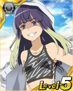 1girl animal_print bare_arms bare_shoulders black_hair blue_sky blunt_bangs bright_pupils cloud cloudy_sky coat coat_on_head collarbone commentary crop_top cross-laced_clothes cross-laced_top dawn evil_grin evil_smile gradient_sky grey_tank_top grin kuroyoru_umidori lace-up lace-up_top looking_at_viewer morning multicolored_hair negiko123123 no_detached_sleeves outdoors sidelocks sky smile solo tank_top teeth toaru_majutsu_no_index toaru_majutsu_no_index:_new_testament two-tone_hair upper_body white_coat white_pupils zebra_print