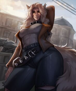 Rule 34 | 1girl, absurdres, animal collar, animal ears, artist name, belt, black belt, blood, blood on face, city, collar, commentary, cowboy shot, crescent, crescent necklace, deadlock (game), english commentary, gargoyle, highres, jacket, jewelry, long hair, necklace, open clothes, open jacket, orange jacket, redscarfabs, scar, scar on breast, scar on face, silver (deadlock), solo, spiked belt, werewolf, white hair, wolf ears, wolf girl, yellow eyes